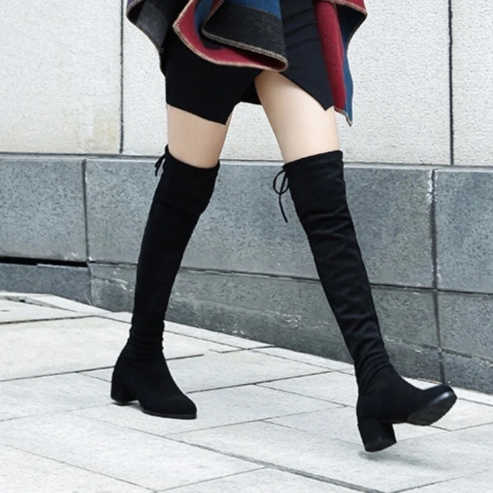 Black Faux Suede Over The Knee Block Heel Boot 6.5